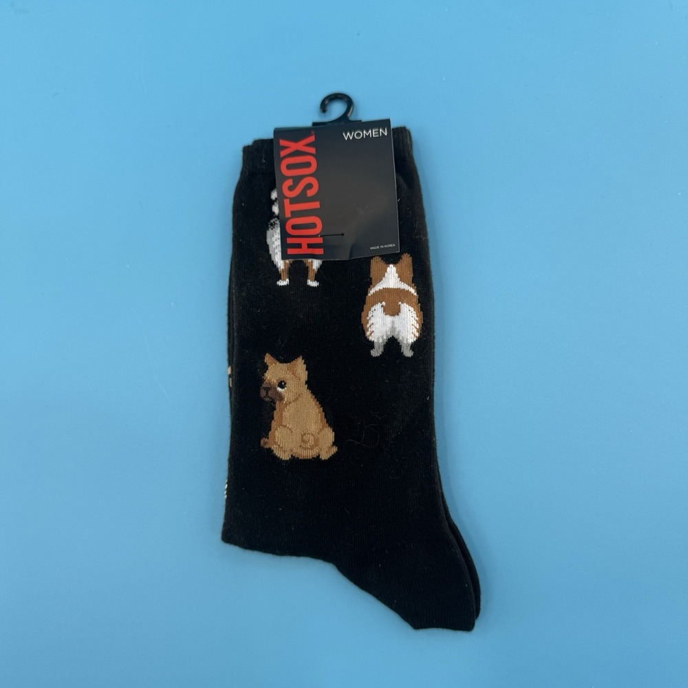 Hot Sox Women's Dog Print Crew Socks Black Puppy Pattern Size 9–11 New
